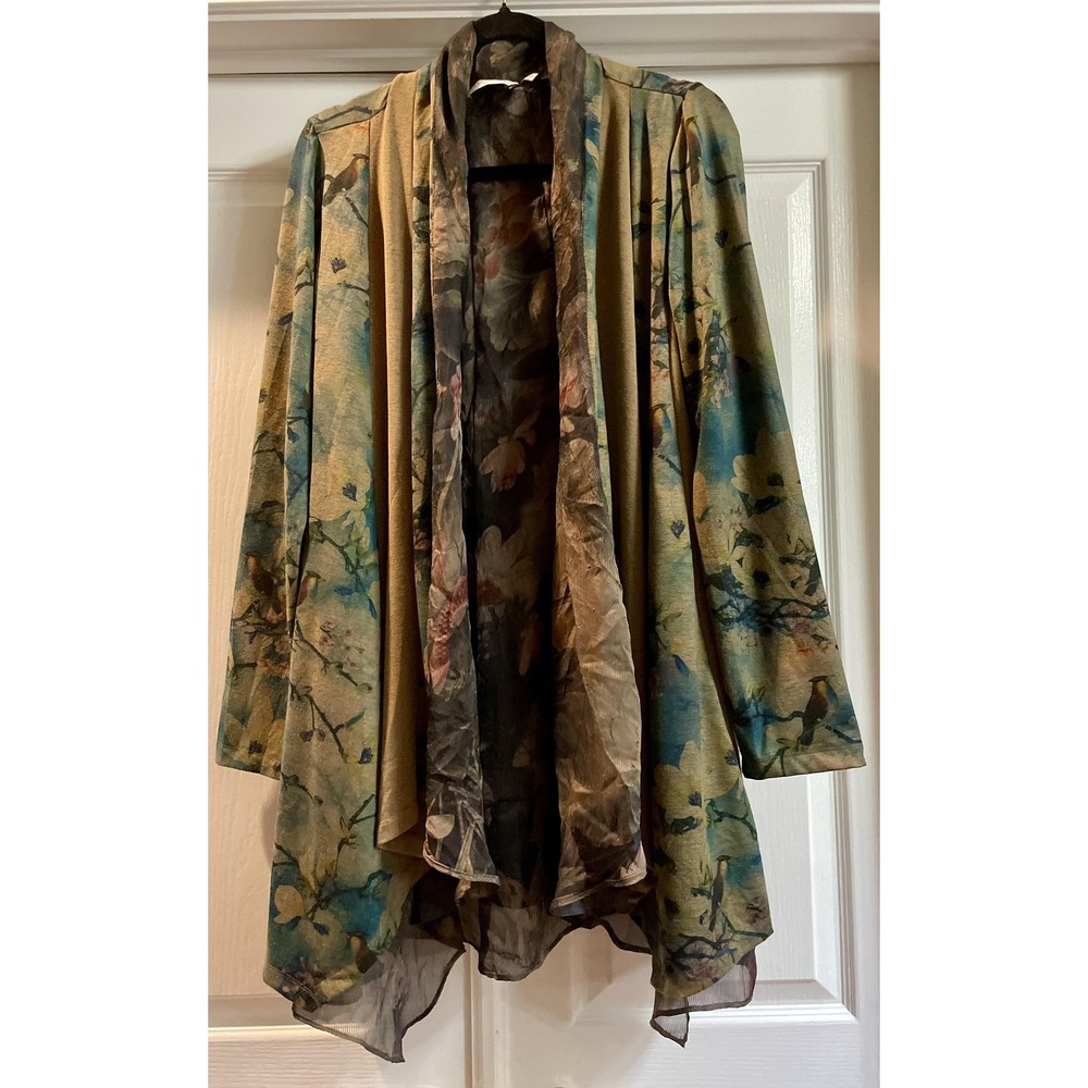 Soft Surroundings Jacket Womens Large Multicolor Bird Floral Open Front Sheer
